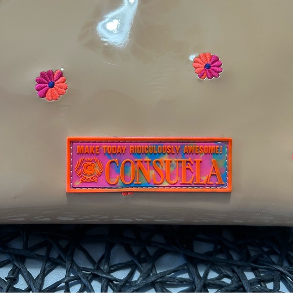 🌸🌼🌺 Consuela Brett Easy Tote Tan Patent Tote - Pink and Orange Floral Appliqués - Picture 3 of 16